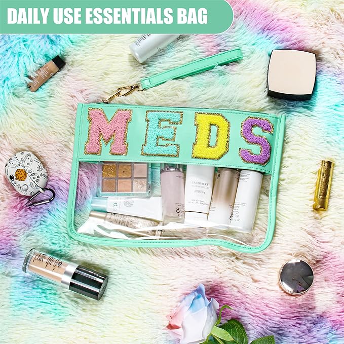 BuyCard Chenille Letter Clear Medicine Bags, Makeup Meds Bags, Preppy Patch Cosmetic Bag with Zipper and Wristlet, Waterproof PU&PVC Toiletry Medicine Storage Case, Portable Travel Drugs Pills Pouch