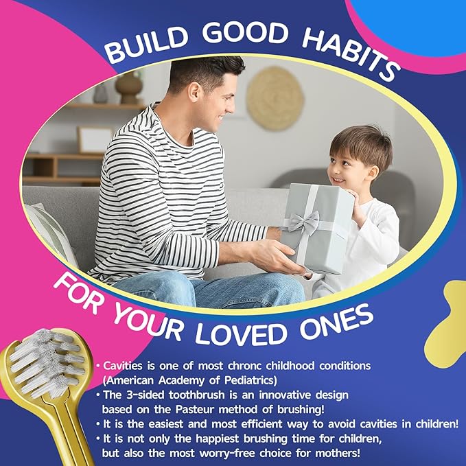 3 Sided Toothbrush for Kids, Japanese Design Triple-Angle Toothhugger, Cartoon Bear Design Sensory Toothbrush for Toddlers, Kids Toothbrush for Aged 3-12, Soft Bristles for Gentle Gum Care (3Pack)