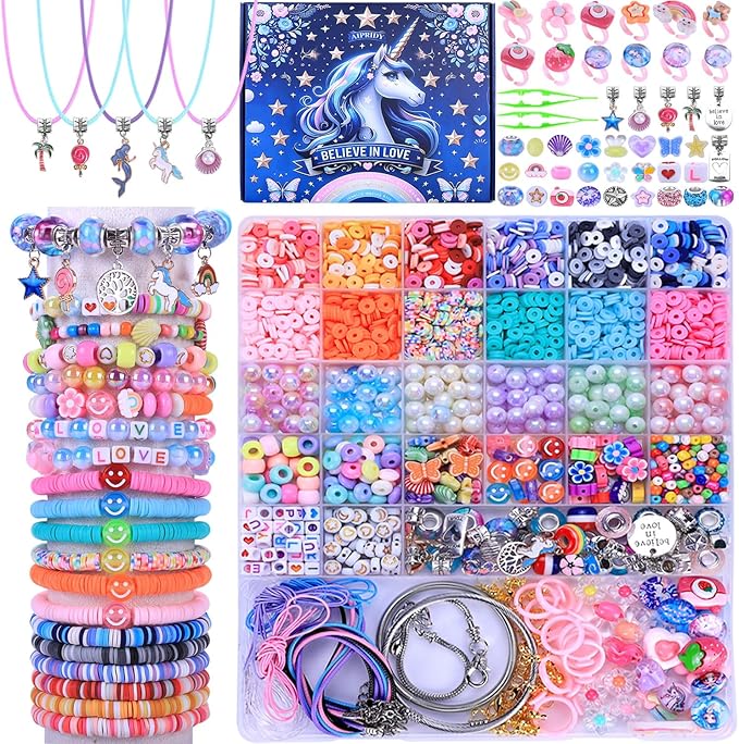 3200 Pcs Unicorn Jewelry Activity Kit,Clay Beads Bracelet Making Kit,Flat College Style Beading for Friendship Jewelry Making,Crystal Time Gem Ring Gifts,DIY Crafts for Teen Girls(Sapphire blue)