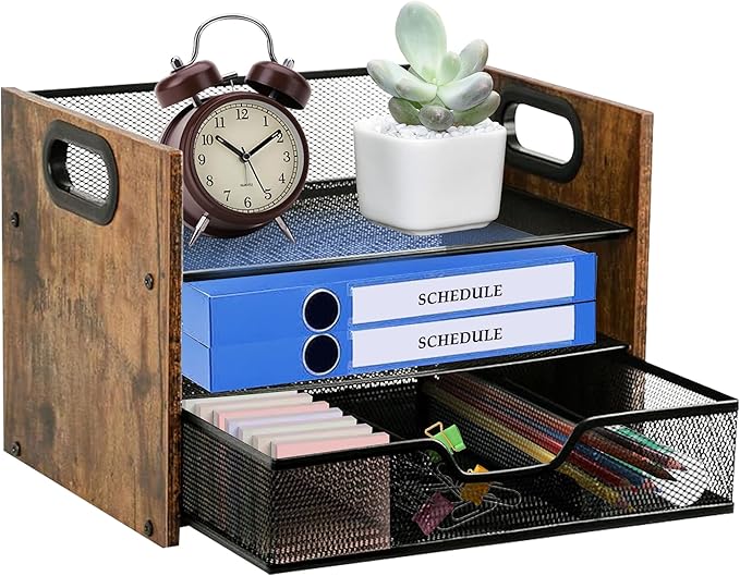 Wood Desk Organizer - 3-Tier Desktop File Organizer with Drawer, Wooden Paper Tray, Office Desk Organzier and Accessories for Papers, Mail, Notebooks, Stationery