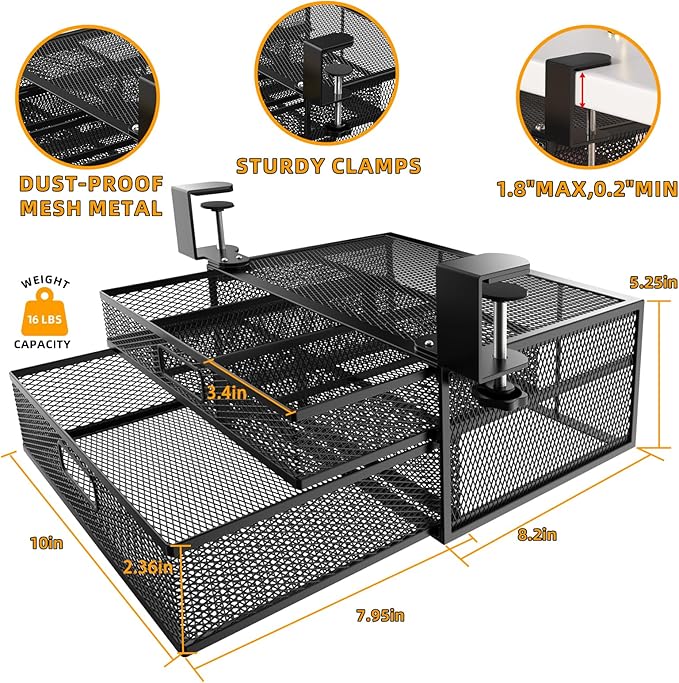 Under Desk Drawer Organizer No Drilling 2 Slide Out Drawer Under Desk Storage Drawer Clamp On Under Desk Management Drawer Organizer Suitable for Home and Office | No Drilling, Clamp On, Organizer