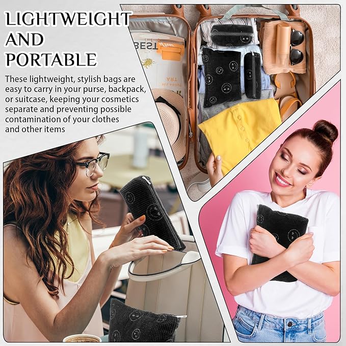 Huhumy 3 Pcs Makeup Bag Set for Women Corduroy Cosmetic Pouch Aesthetic Smile Travel Toiletry Bag Cute Purse Pouch Pencil Case Makeup Brushes Storage Organizer for Valentine(Black,Smile Face)