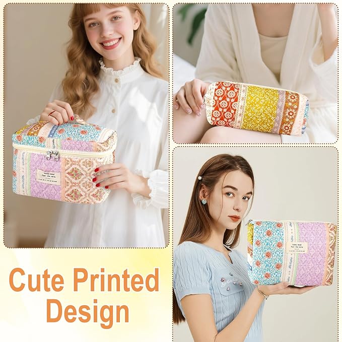 URSKYTOUS 3Pc Cotton Quilted Makeup Bags for Women Large Small Coquette Floral Travel Cosmetic Bag Set Aesthetic Cute Flower Makeup Pouch Portable Toiletry Bag Puffy Essential Storage Organizer Bag