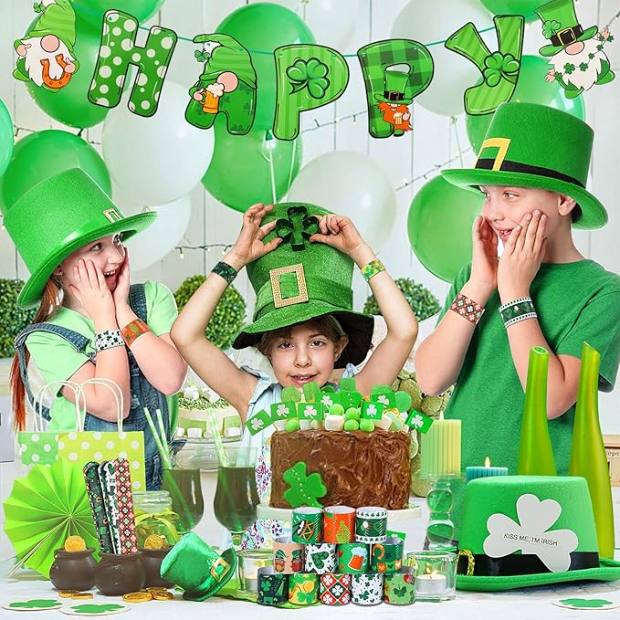 JUNEBRUSHS St. Patrick's Day Slap Bracelets, 56 Pack Saint Patricks Party Favors for Kids Shamrock Slap Bands Irish Clover Wristbands Snap Bracelets Bulk for Boys Girls Birthday Gifts Party Supplies