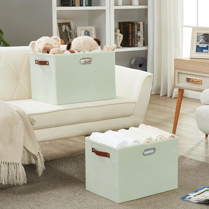 3-Pack Foldable Fabric Storage Bins with Durable PU & Metal Handles, Collapsible Storage Baskets for Shelves, Home Storage, Closet Organizers, Living Room(17"x11.8"x11.8", Sage Green)