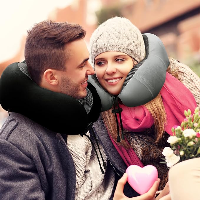 urnexttour Neck Pillow Airplane-2 Pack Memory Foam Travel Pillow, Soft Support Travel Neck Pillow for Travelling, Sleeping Rest, Car, Train and Home Use (Black&Grey)