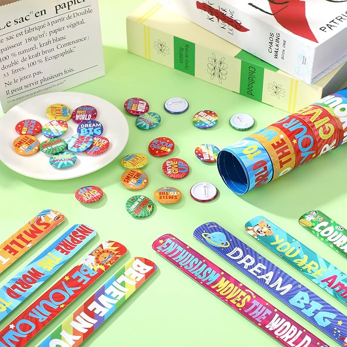 Frienda Inspirational Gift Set Motivational Slap Bracelets with Button Pins Encourage Bracelet for Students School Rewards Gifts