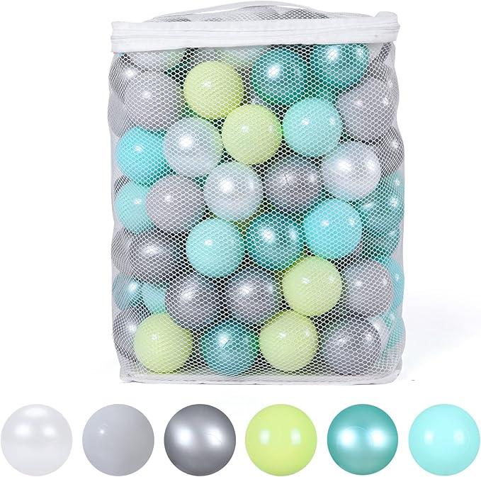GOGOSO Ball Pit Balls -100pcs BPA Free Balls Crush Proof Pool Balls Toy for Baby Boys Girls Playhouse Pool Birthday Party Decoration,Pearl Balls +Macaron Balls Green+Gray+White
