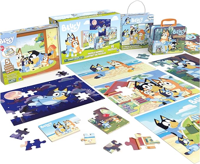Bluey 11 Puzzle Bundle Set, 8- and 24-Piece Wood, Fuzzy, & Die-Cut Jigsaw Puzzles for Preschoolers and Kids