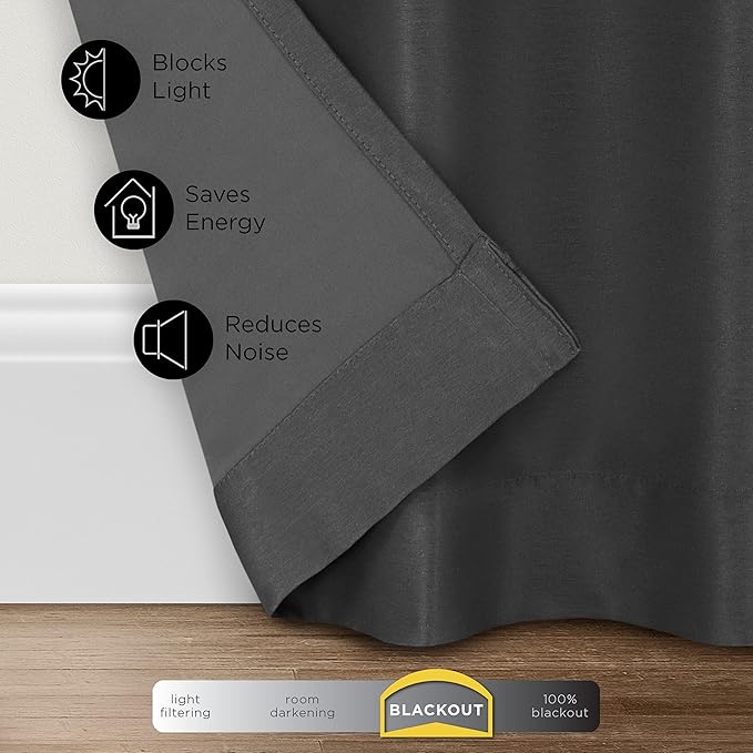 Eclipse Fresno Modern Blackout Thermal Rod Pocket Window Curtain for Bedroom (1 Panel), 52 in x 84 in, Charcoal