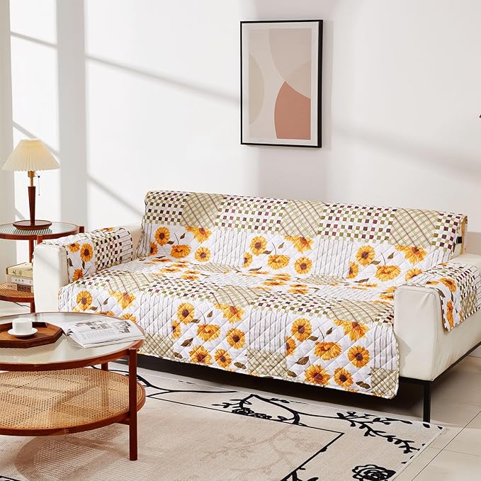 EVENHUG Loveseat Sofa Cover Patchwork Floral Sofa Slipcover Washable Couch Cover 2 Cushion Sofa Furniture Protector Cover with Elastic Straps for Pets Kids Dog Cat (Loveseat,Yellow)