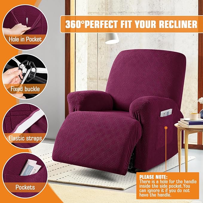 VANSOFY Recliner Chair Cover, 3-Pieces Stretch Lazy Boy Recliner Covers for Recliner Chair Soft Reclining Chair Slipcover Furniture Protector for Dogs Cats(Burgundy)