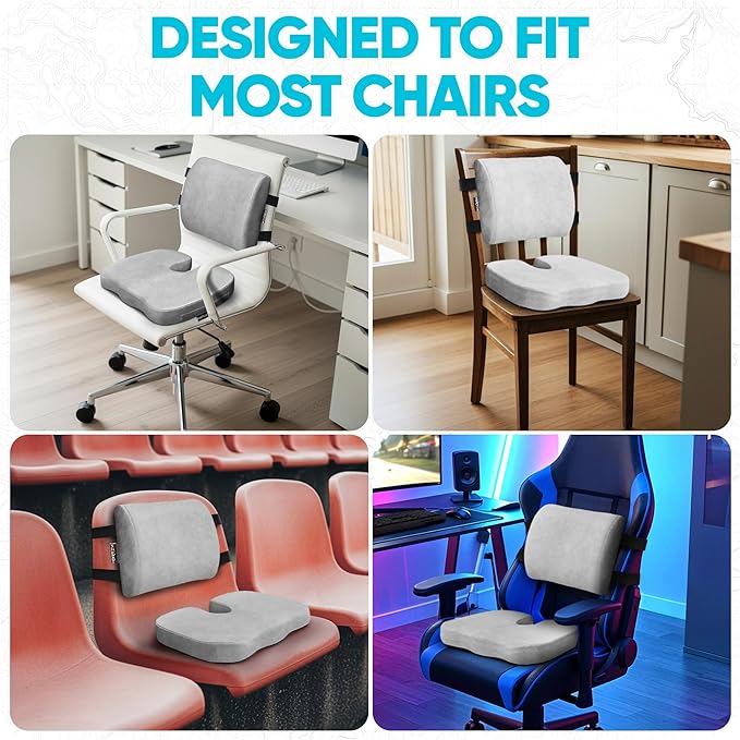 FORTEM Seat Cushion, Office Chair Cushion, Lumbar Support Pillow for Office Chair, Memory Foam Sciatica Coccyx Tailbone Pressure Pain Relief, Car Sitting Pad, Washable Non Slip