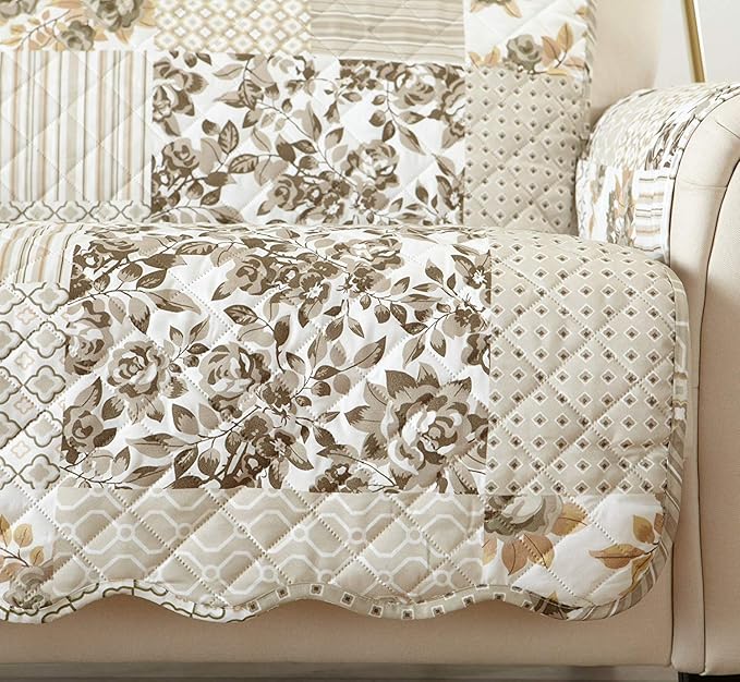 Great Bay Home Patchwork Scalloped Printed Furniture Protector Stain Resistant Sofa Cover (Sofa, Taupe)
