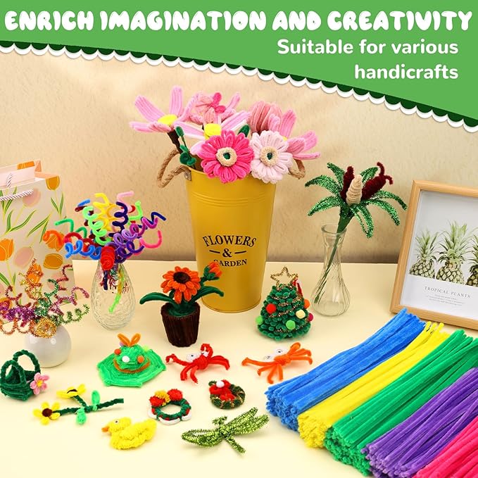 Hssugi Green Pipe Cleaners, 100PCS Pipe Cleaners Craft Supplies, Glitter Golden Pipe Cleaners Bulk Fuzzy Sticks for DIY Art and Craft Projects Home Decoration