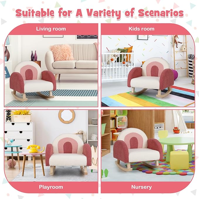 Costzon Kids Sofa, Red, Rocking Chair with Solid Wood Frames, Plush Fabric, Anti-Tip Design for Kids Room, Nursery, Playroom, Preschool, Birthday Gift for Boys Girls, Toddler Furniture Armchair