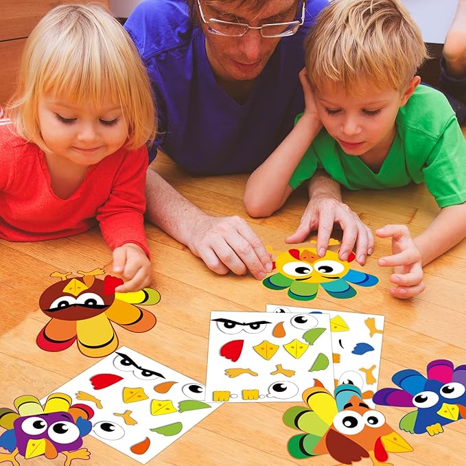 chiazllta 30Pcs Thanksgiving Craft Kits DIY Turkey Craft for Kindergarten Kids, Fall Art Craft Make Your Own Turkey Card Sticker Set for Home Class Game Activities Preschoolers