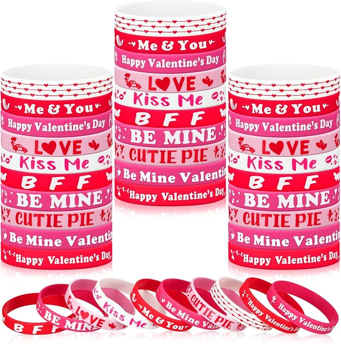 Hiboom 100 Pcs Valentine's Day Bracelets Bulk Silicone Wristband Red Pink Love Heart Accessories Gift for Valentine's Day Party Decorations Favors, 10 Designs