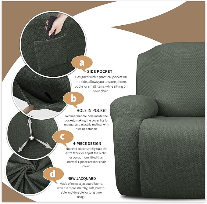 JIVINER 6-Piece Loveseat Recliner Slipcover Stretch Jacquard Recliner Sofa Cover 2 Seater Washable Reclining Couch Cover with Pocket Fitted Furniture Protector Cover (Loveseat Recliner, Army Green)