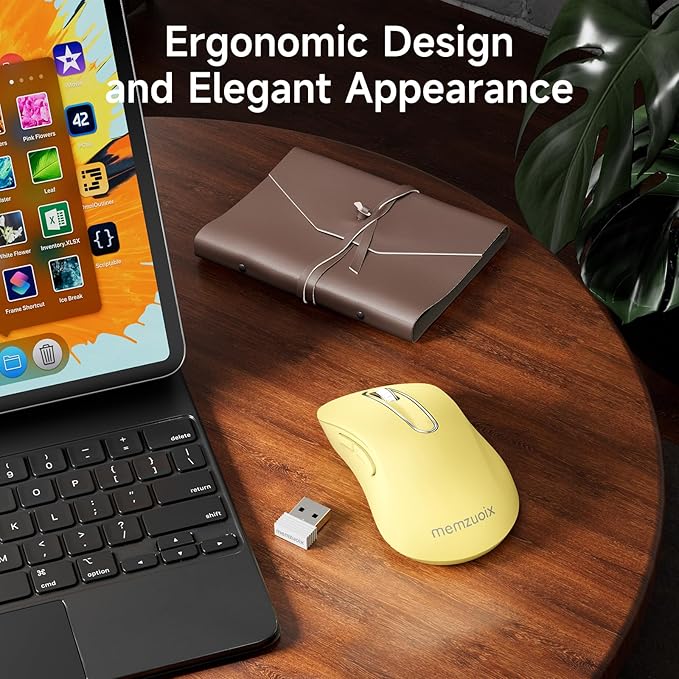 memzuoix 2.4G Wireless Mouse, 1400 DPI Computer Mice USB Receiver, Portable Wireless USB Mouse Battery Powered Cordless Mice for Laptop, PC, Desktop, 5 Buttons (Light Yellow)