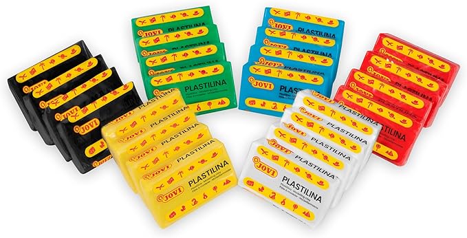 Jovi - Plastilina Pack, Reusable and Non-Drying Modeling Clay, 24 1.75oz. Plasticine Bars, 100% Vegetable-Based, 6 Basic Colors Assortment, Gluten-Free, Non-Toxic, Great for Home and School
