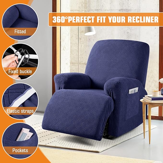 VANSOFY Oversized Recliner Chair Cover, 4-Pieces Stretch Recliner Covers for Recliner Chair Soft Reclining Chair Slipcover Jacquard Pattern Furniture Protector for Dogs Cats(Navy Blue)