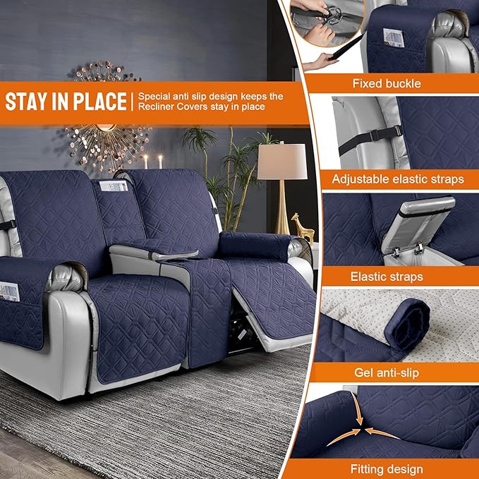 VANSOFY Loveseat Recliner Cover with Console 100% Waterproof Sofa Slipcovers Non-Slip Reclining Couch Cover Split Sofa Covers Furniture Protector for Pets, Dogs(Dark Blue)