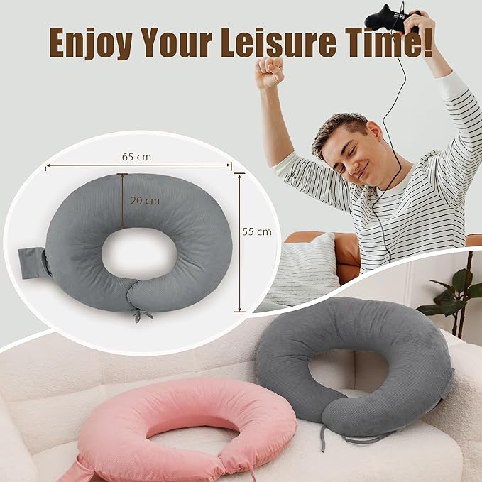 XWZO Reading Pillow for Gaming, Crocheting or Playing with Strong Arm Support, Gaming Pillow for Arm Rest When Sitting in Bed & Sofa, Lap Pillow Swen with Tiebacks and Side Pocket, Grey