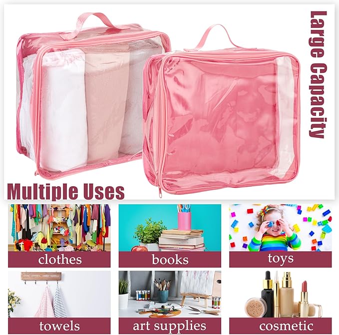 6 Pieces Large Clear Travel Packing Cube Clear Vinyl Zippered Storage Bags See Through Moving Bag PVC Multipurpose Pouch with Handle for Suitcase Shirts Dress Storage (Pink,11.8 x 10.2 x 3.9 Inch)