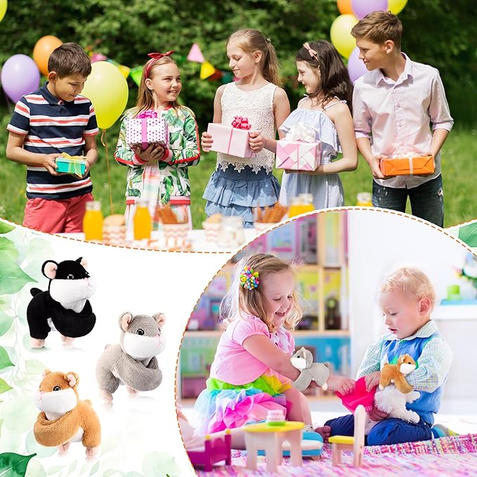 HyDren 4 Pcs Stuffed Animal Slap Bracelets for Kids,8 Inch Plush Snow Leopard Hamster Hugger Slap Bracelets Bulk Toy Hug Snap Wristbands for Girls Boys Birthday Gifts Party Favors (Hamster)