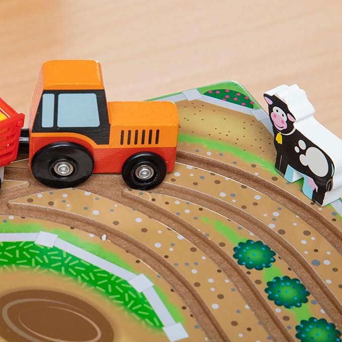 Melissa & Doug 17-Piece Wooden Take-Along Tabletop Farm, 4 Farm Vehicles, Play Pieces, Barn, Grain House Take-Along Pretend Play Toy Barn Toys For Toddlers Ages 1+