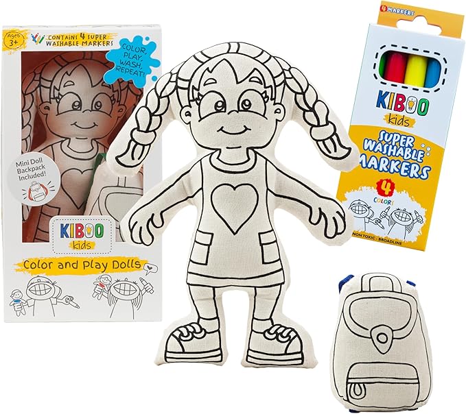 Color Your Doll - Washable Art Toy with Mini Doll Backpack and Markers - Educational Craft for Creative Play (Girl Doll with Braids)