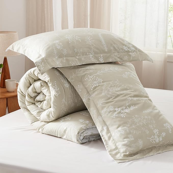 Bedsure Queen Comforter Set - Linen Bed Set, 3 Pieces Cute Floral Bedding, 1 Soft Reversible Botanical Flowers Comforter and 2 Pillow Shams
