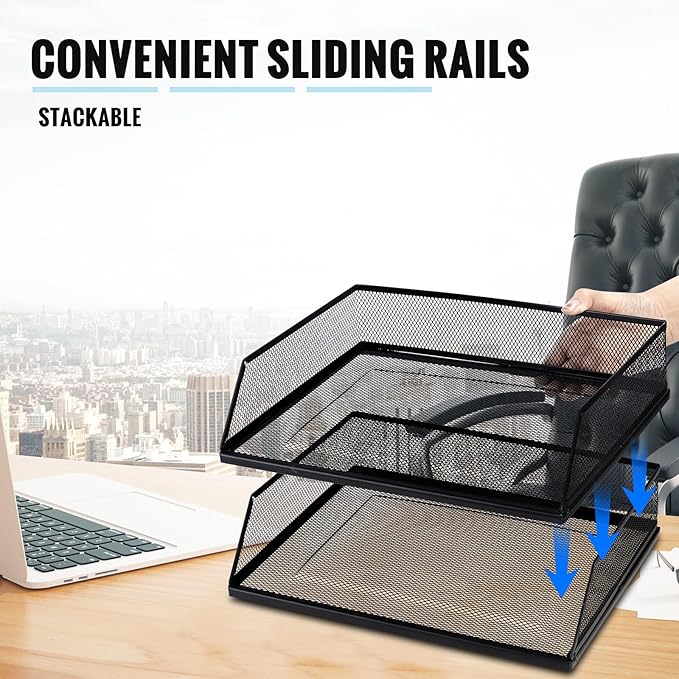 Hicarer 2 Pcs Black Metal Letter Tray Stackable Desk Tray Single Wire Mesh Organizer Front Load File Paper Holder for Desktop Office Home School Classroom (9.84 x 12.8 Inch)