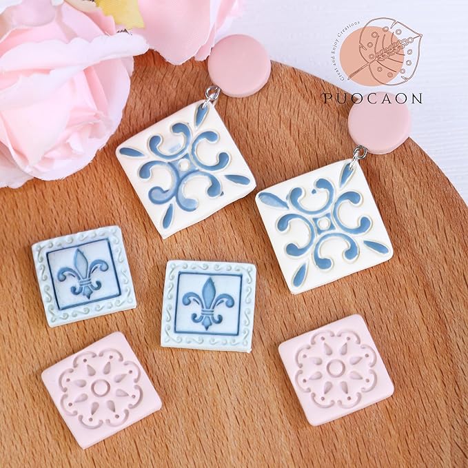 Puocaon Mexican Talavera Clay Cutters - 11 Pcs Clay Cutters for Polymer Clay Jewelry, Portuguese Tiles Polymer Clay Jewelry Cutters, Floral Tile Clay Cutters for Earrings, Peranakan Tile Clay Cutters