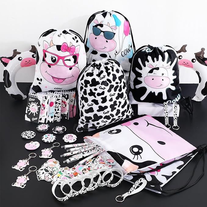 152 Pcs Cow Party Favors Supplies Include Cow Drawstring Goodie Bag Silicone Bracelets Cow Keychain Cow Stickers Spiral Notepads Bulk Inflatable Headbands Button Pin Pens Cow Print Notebook for Kid
