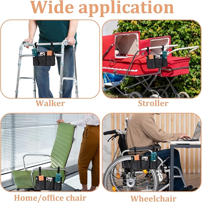 Wheelchair Side Bag, Wheelchairs Storage Bag Wheelchair Pouch Wheelchairs Armrest Bags with Cup Holder Elderly Walking Aid Suspension Bags Wheel Chair Accessories for Walkers Rollators (Black)