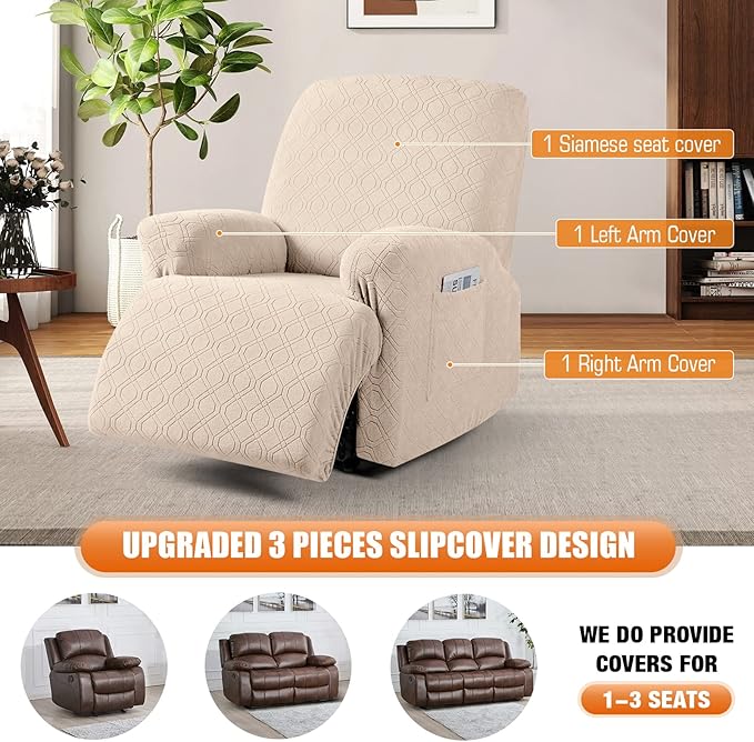 VANSOFY Recliner Chair Cover, 3-Pieces Stretch Recliner Covers for Recliner Chair Soft Reclining Chair Slipcover Furniture Protector for Dogs Cats(Cream)