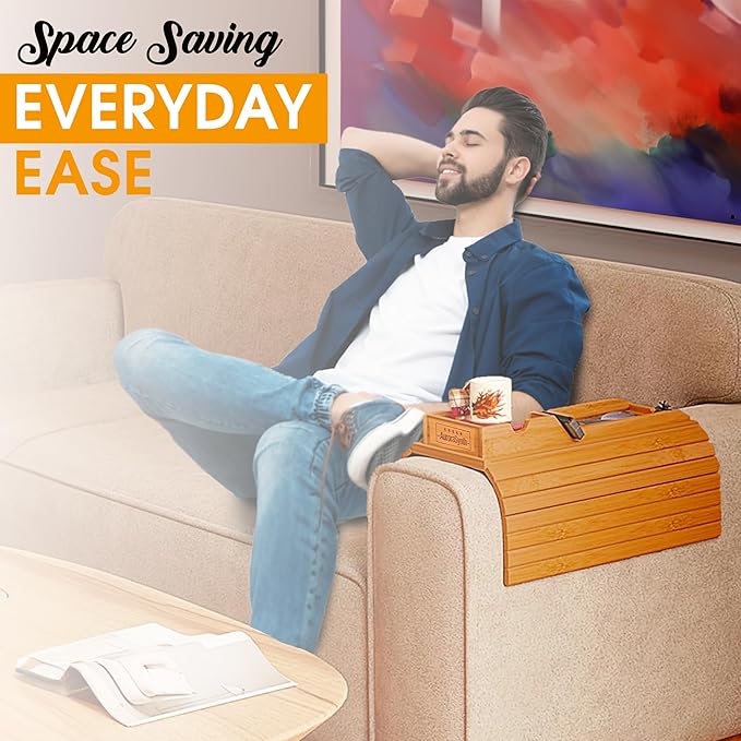 Couch Cup Holder with 2 Cork Coasters | Couch Caddy with Detachable Tray | Anti-Slip Foldable Armrest Sofa Tray, Anti-Spill Holder for Remote, Snacks, Cellphone - Ideal Gift (Mahogany)