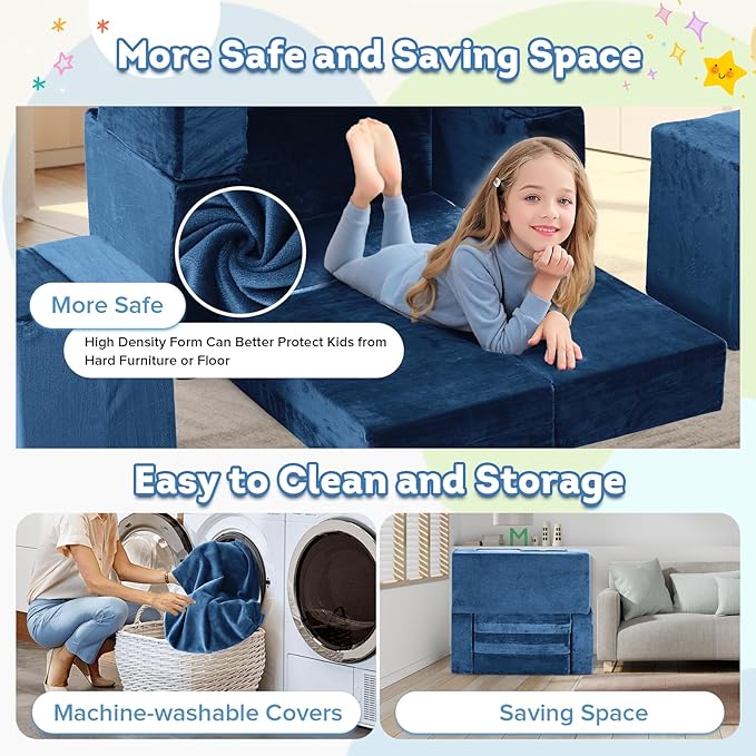 Kids Couch Sofa, 7 Pcs Modular Toddler Couch, Freely Removable Kids Chair Sofa for Playing, Creativity, Sleeping, Versatile Fold Out Baby Play Couch Set for Playroom, Bedroom Furniture