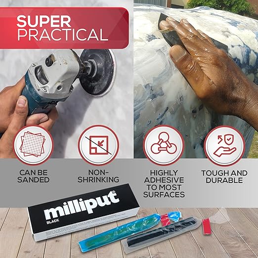 Milliput Epoxy Putty 10 Piece Set, Black Version - with Sculpting Tools, Sanding Pad and Gloves - Air Dry Moldable Plastic Plumbers Clay - Ceramic Tile, Marble and Quartz Countertop Chip Repair Kit