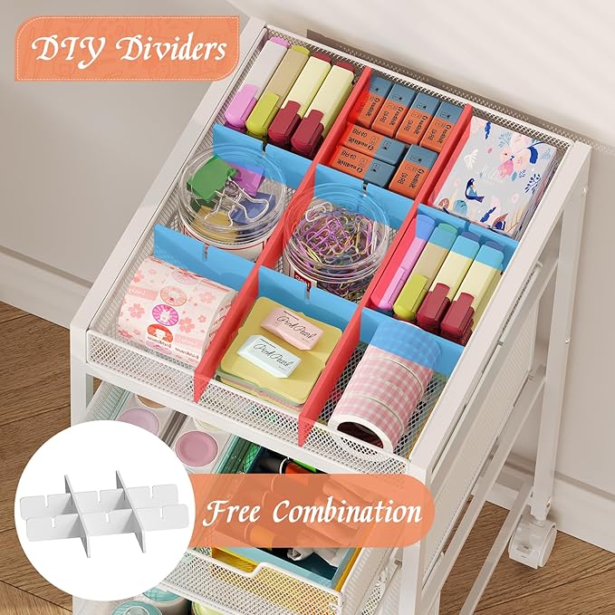 Rolling Utility Cart with 4 Drawers, Craft Organizer and Storage Carts with DIY Divider, Lockable Wheels Storage Organizer for Art Supplies, Store for Brushes & Paints & Artifacts, White