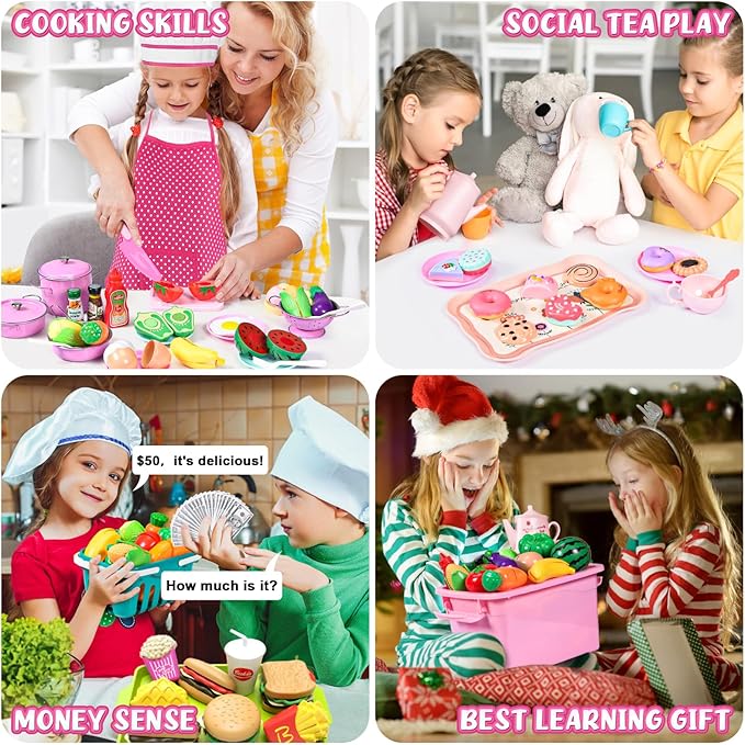 121Pcs Play Kitchen Accessories, Kids Kitchen Playset, Pretend Play Food Tea Party Set, Toy Kitchen Kids Cooking Real with Apron&Chef Hat, Utensils Cookware Pots&Pans, Toy Organizer, Toddler Toys Gift