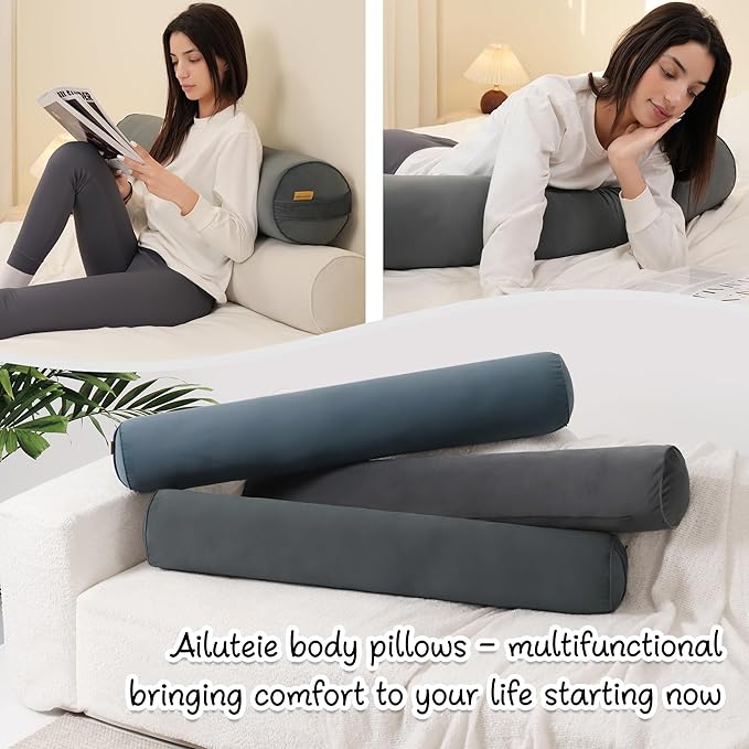 Bolster Pillow for Bed – Long Round Body Pillow for Adults, Cuddle Pillow for Sleeping, Full-Length Support,59 x 7.87 Inches,Charcoal Gray