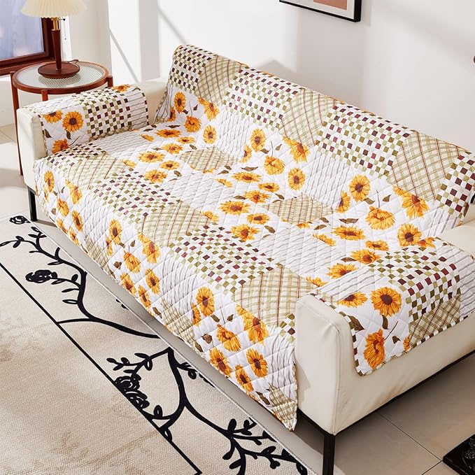 EVENHUG Sofa Cover for 3 Cushion Couch Patchwork Floral Sofa Slipcover Washable 3 seat Couch Cover Furniture Protector Cover with Elastic Straps for Pets Kids Dog Cat (Sofa,Yellow)