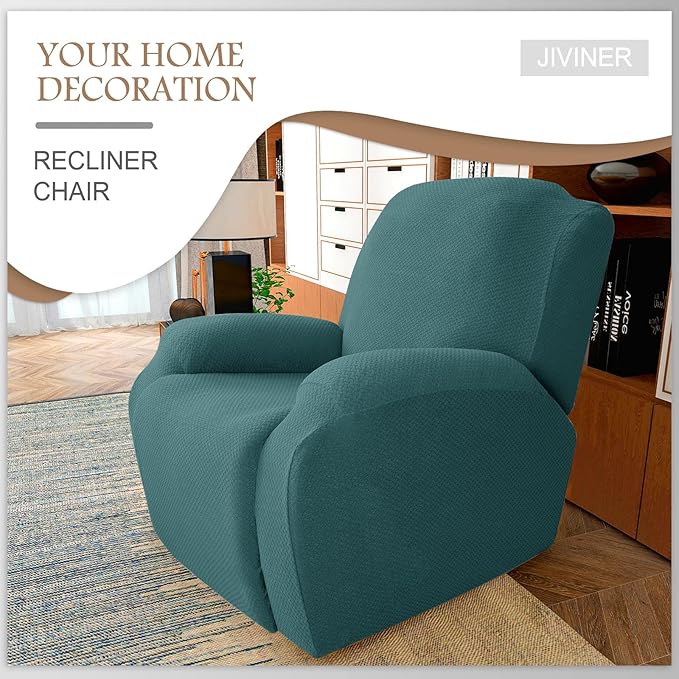 JIVINER Oversized Recliner Chair Covers 4 Piece Stretch Lazy Boy Recliner Sofa Slipcover Jacquard Large Recliner Covers with Elastic Bottom Soft Furniture Protector (XL Recliner,Peacock Blue)