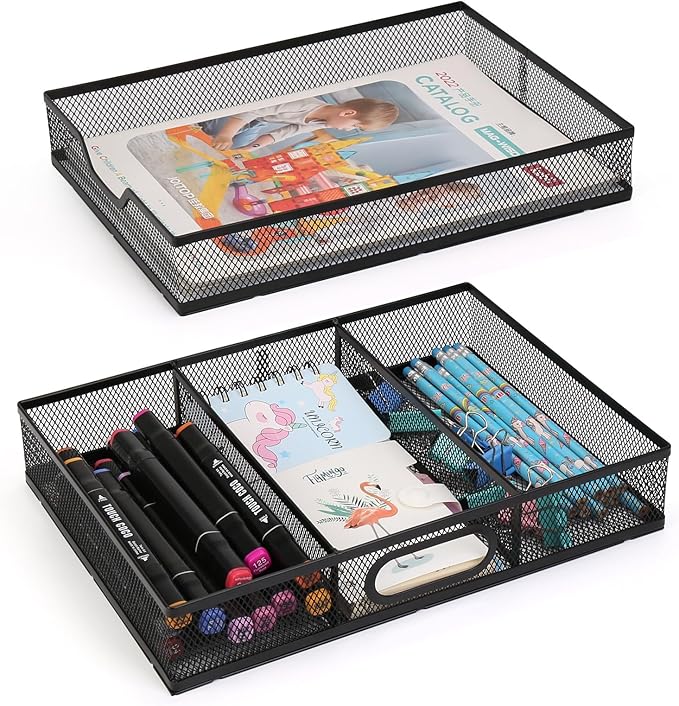 Office Drawer Organizer, 2 Pack Metal Mesh Desk Draw Divider, Versatile Desktop Organizer Tray to Keep Supplies Tidy and Easy to Access, Stackable A4 Paper Holder Tray