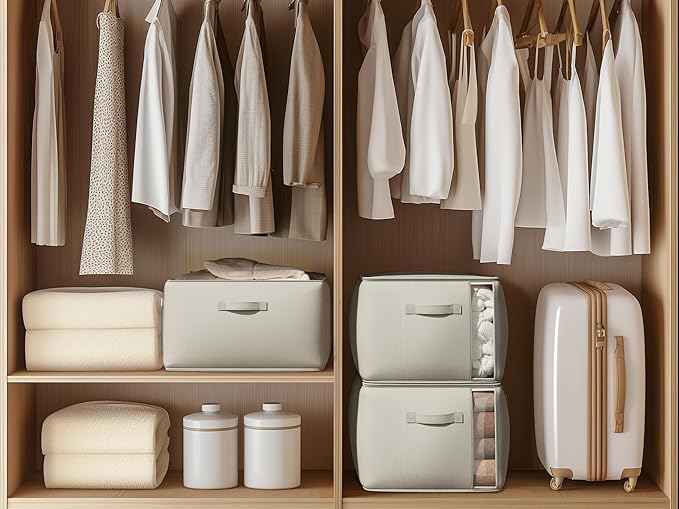 Vailando Large Canvas Comforter Storage Bags Closet Organizer for Clothes Sweater Clothes Organizer with Dual Zipper Three Carrying Handles for Blanket Closet Storage Container, 2 Pack, Grey