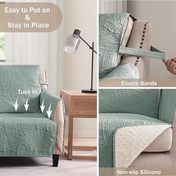 Soft Sage Quilted Couch Cover with Pockets for Extra-Large Sofa, Anti-Slip Sofa Covers Washable for 3 Cushion, Pet Friendly Oversized Sofa Cover Water-Repellent (X-Large Sofa 78", Sage Green)