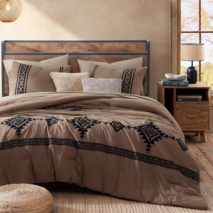 MaiRêve Oversized Queen Comforter Set Brown, Embroidery Western Bedding Set Boho 7 Pieces, Farmhouse All-Season Bed in A Bag with Sheets, Pillowcases & Shams